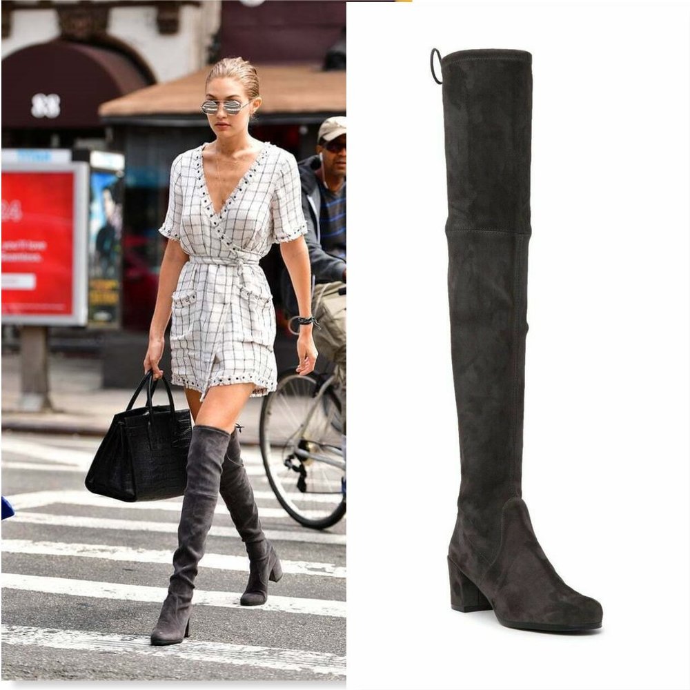 New STUART WEITZMAN Gray Stretch Suede Leather Over The Knee Block Heel Boots 7